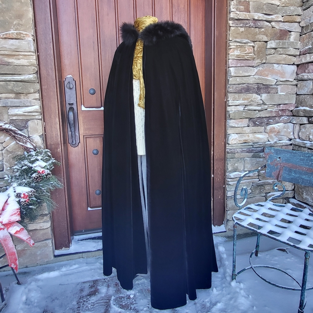 Dramatic Long Black Velvet Cape with Fur Trimmed Hood